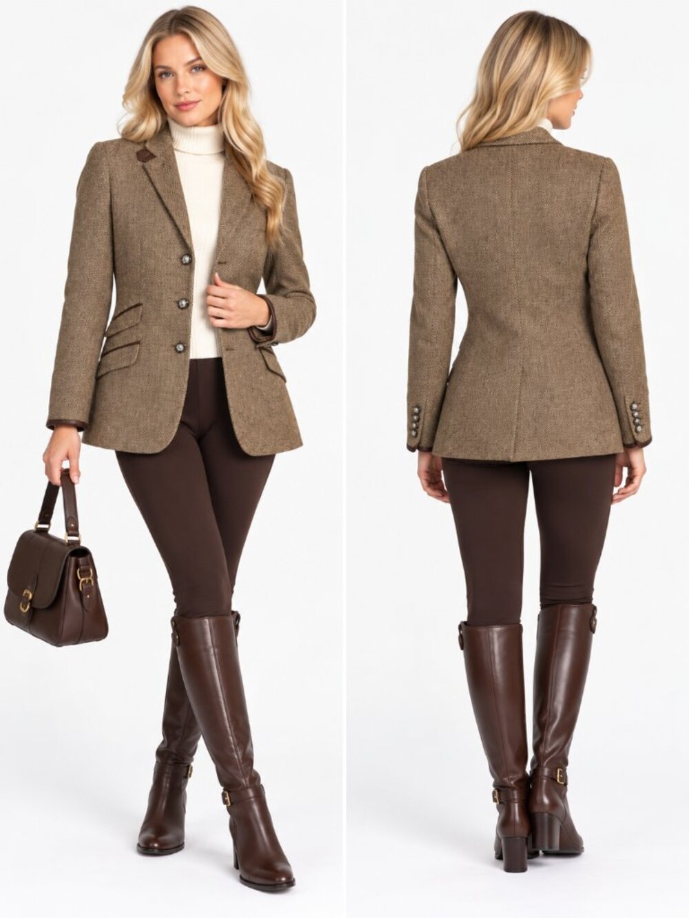 Lauren Ralph Lauren 4P Wool Silk Herringbone Tweed Equestrian Blazer Brown - Picture 15 of 15